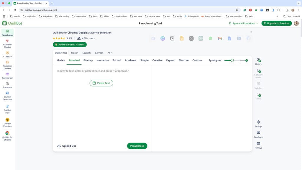 Interfaccia di QuillBot per ottimizzare la scrittura professionale