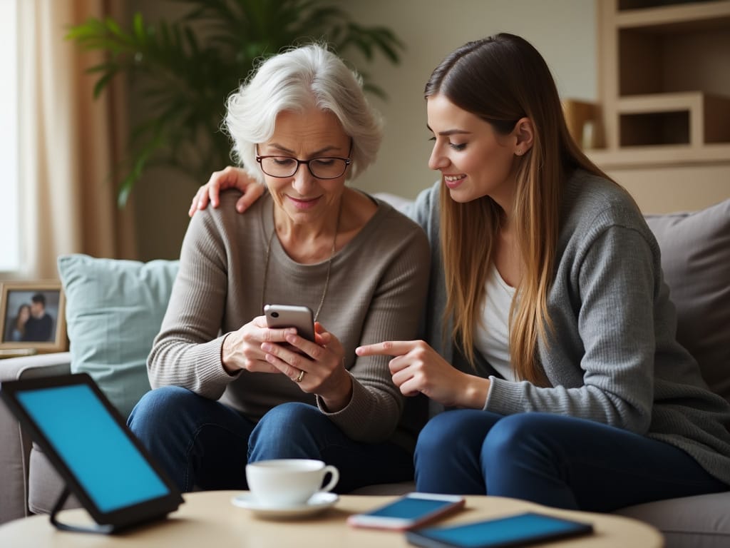 Boomer che usa un telefonino per i navigare i social media con la sua figlia