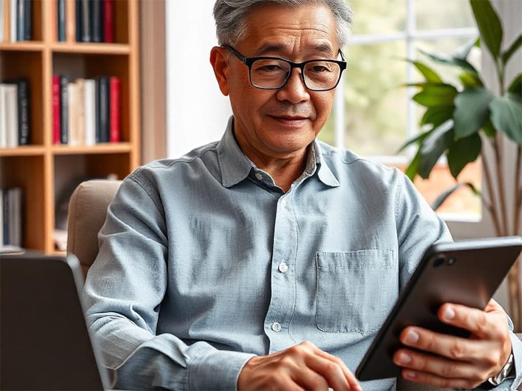 uomo giapponese usando tablet