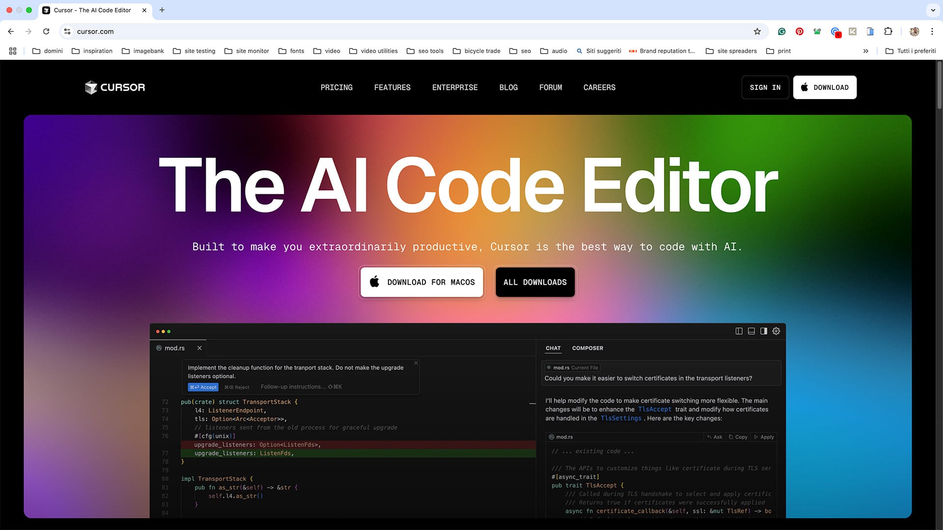 Sito web di Cursor AI, l'editor di codice intelligente