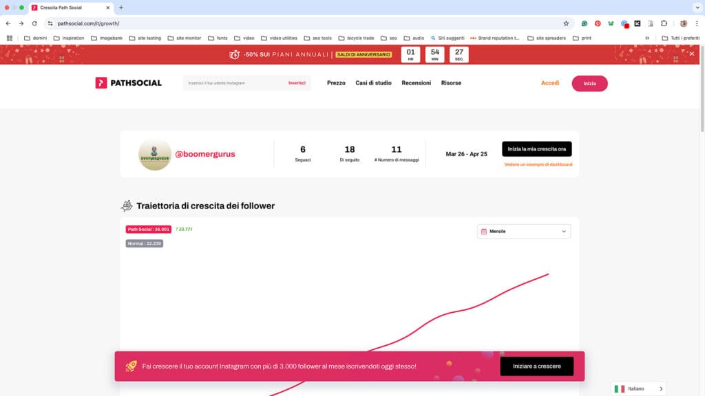 Dashboard di Path Social per la crescita su Instagram