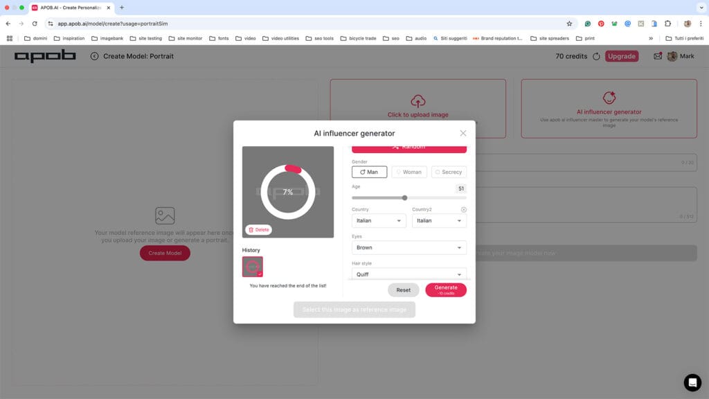 Interfaccia del generatore di influencer AI di APOB