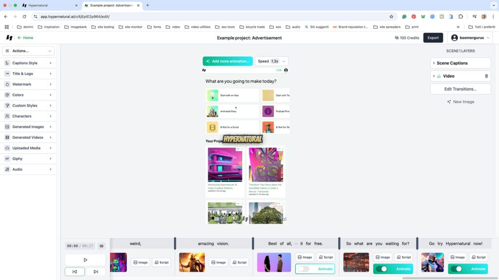 Interfaccia di Hypernatural che mostra la creazione di video A