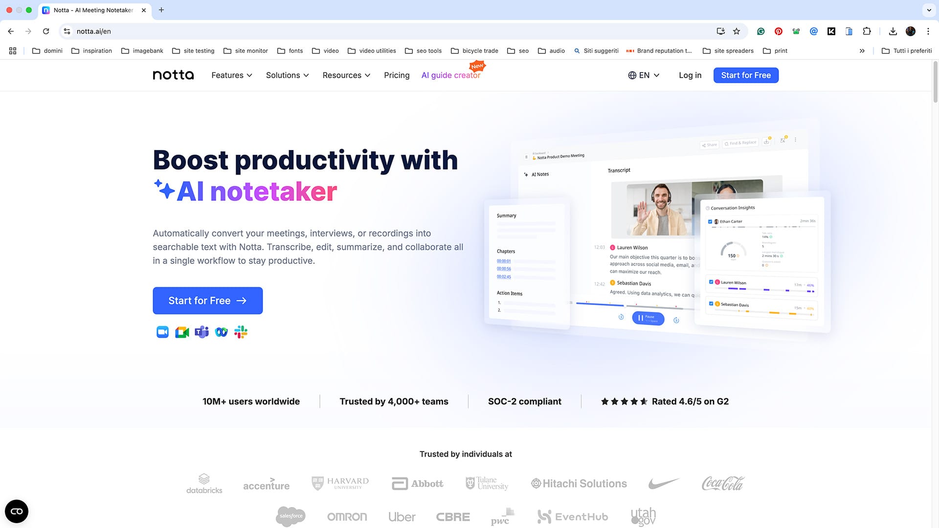 Sito web di Notta.ai