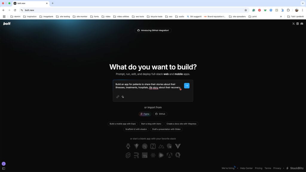 Schermata del processo di creazione di una WebApp con Bolt