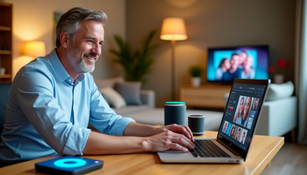 Uomo over 40 che usa assistente vocale IA sul computer