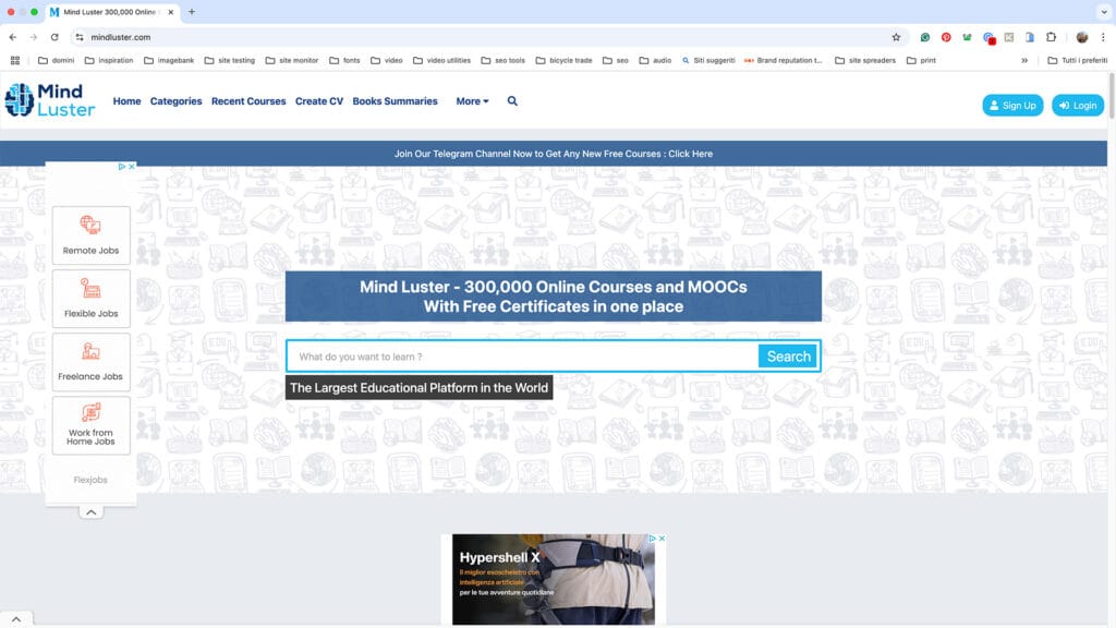 Sito web della piattaforma Mind Luster con elenco dei corsi disponibili