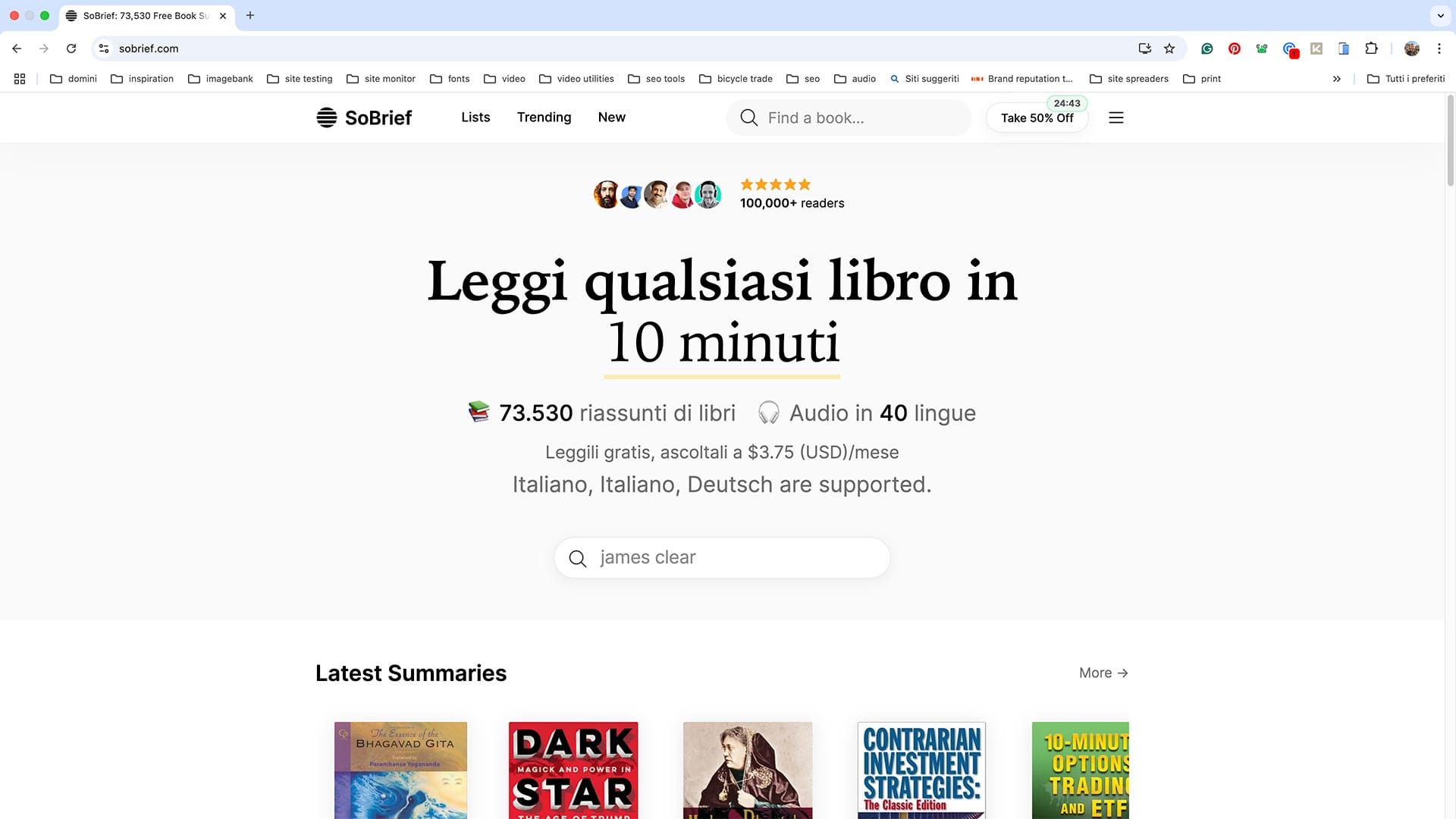 Sito web di SoBrief con elenco di riassunti di libri.