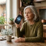 Donna over 60 al telefono in cucina verifica con calma una possibile truffa con voce clonata dall'intelligenza artificiale