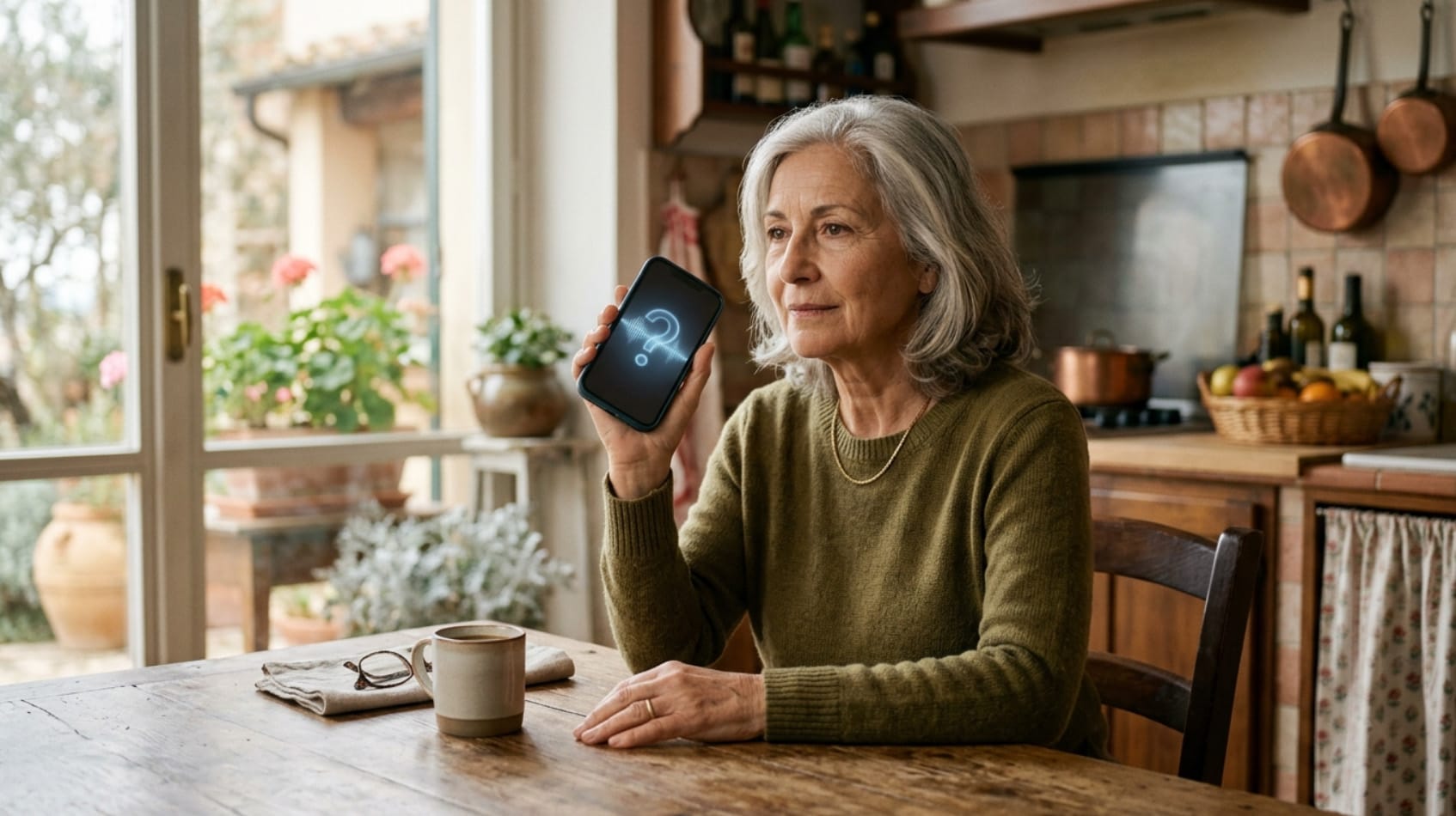 Donna over 60 al telefono in cucina verifica con calma una possibile truffa con voce clonata dall'intelligenza artificiale