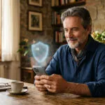 Uomo over 50 verifica con calma un messaggio sul telefono per difendersi dalle frodi con l'intelligenza artificiale