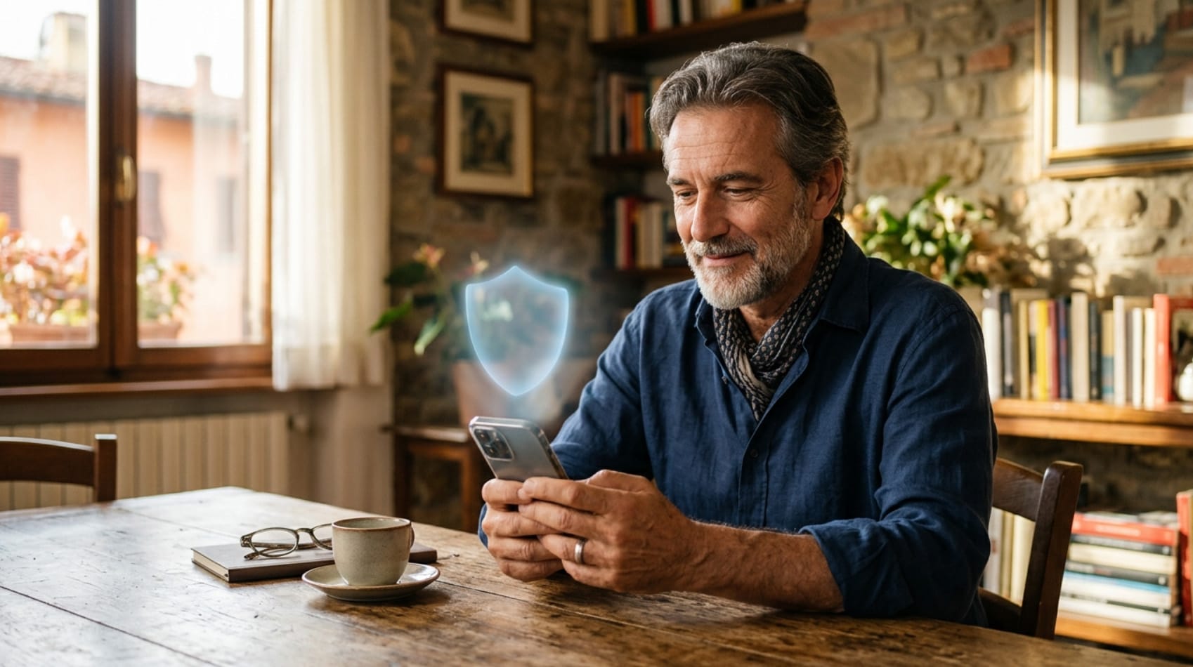 Uomo over 50 verifica con calma un messaggio sul telefono per difendersi dalle frodi con l'intelligenza artificiale