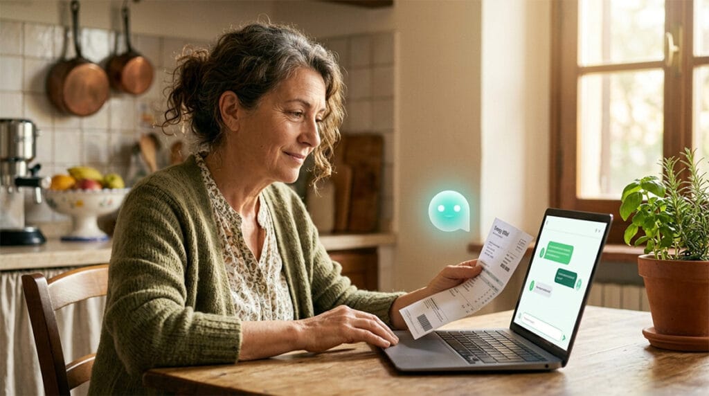 Donna over 50 analizza la bolletta di luce e gas con un assistente di intelligenza artificiale sul portatile, in cucina
