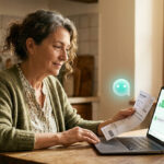 Donna over 50 analizza la bolletta di luce e gas con un assistente di intelligenza artificiale sul portatile, in cucina