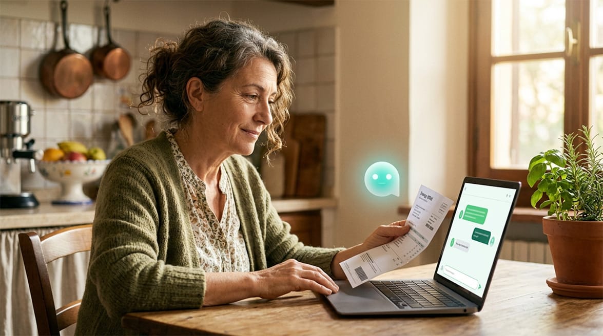 Donna over 50 analizza la bolletta di luce e gas con un assistente di intelligenza artificiale sul portatile, in cucina
