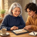 Donna over 60 sorridente impara a usare l'AI su un tablet con l'aiuto del nipote