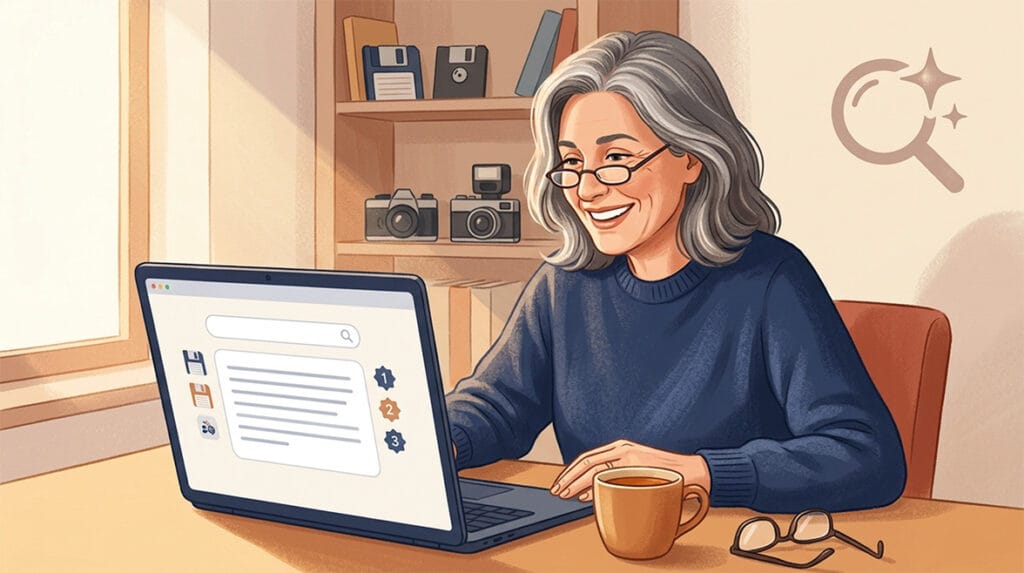 Donna over 50 usa Perplexity sul laptop e riceve una risposta con le fonti citate