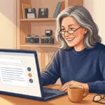 Donna over 50 usa Perplexity sul laptop e riceve una risposta con le fonti citate