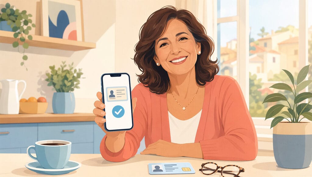 Donna sorridente over 50 usa lo smartphone per attivare l'identità digitale SPID o CIE da casa