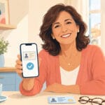 Donna sorridente over 50 usa lo smartphone per attivare l'identità digitale SPID o CIE da casa